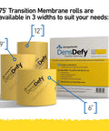 Three rolls of DensDefy Transition Membrane in 6-inch, 9-inch, and 12-inch widths, next to packaging, self-adhesive, moisture and air barrier.