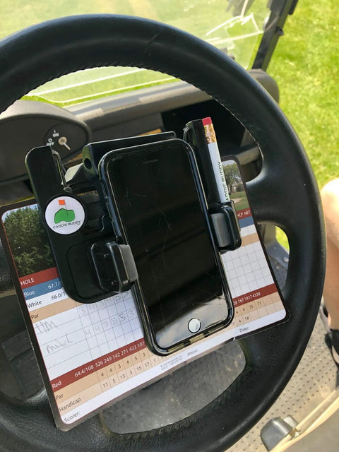 Golf Cart Steering Wheel Phone Mount Pro With Spring Loaded Arms And Scorecard Holder Fits Any Phone Two To Three Point Five Inches