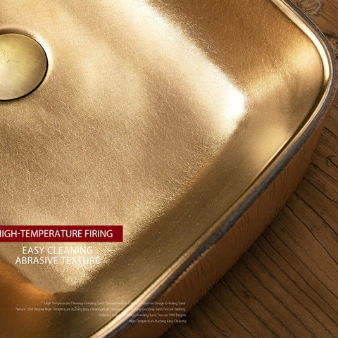 Close-up of SDVantage Gold Rectangle Bathroom Vessel Sink ceramic basin showing hand-carved texture and smooth, glossy interior.