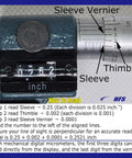 Close-up of a One Inch Outside Micrometer With Carbide Tips And Digit Counter Precision showing sleeve and thimble vernier.