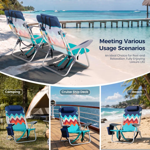Two Pack Aluminum Folding Beach Chairs with Recline and Flat Option on Sandy Beach