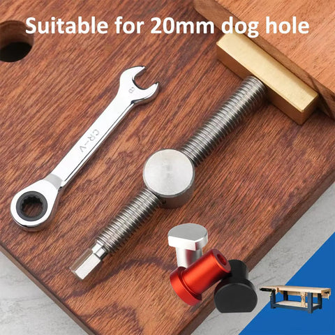 Two Pack Bench Dog Clamps With Four 20mm Bench Dogs For Woodworking Tables, Adjustable Desktop Clips And Fixture Vise Benches, Joinery Carpenter Tool Set For Solid 20mm Hole Benches. 20mm bench clamp set on wood table with wrench and dog hole