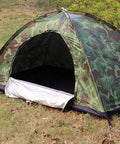 Camouflage Solo Camping Tent for Hiking Lightweight One Person Tent with Easy Setup on grass showing one entrance.