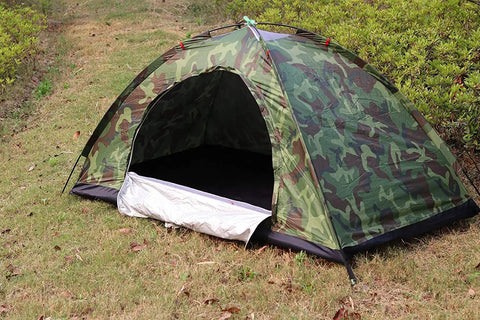 Camouflage Solo Camping Tent for Hiking Lightweight One Person Tent with Easy Setup on grass showing one entrance.