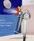 Top Tier Airless Paint Spray Gun Kit With Solid Steel Build, Two Reversible 517 Tips, Heavy Duty Guard, And Spare Filters For Crisp Coverage And Zero Drip Nonsense On Every Job Site, durable aluminum gun with red trigger spraying paint.