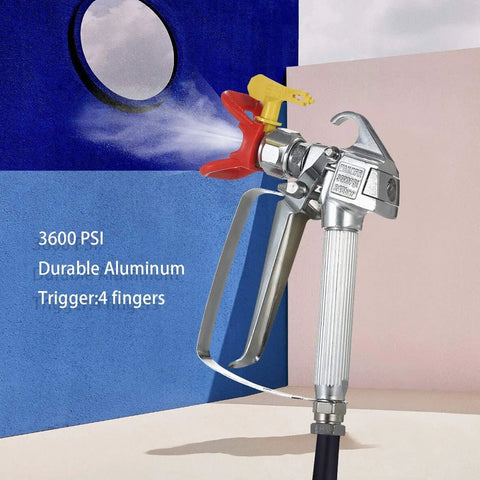 Top Tier Airless Paint Spray Gun Kit With Solid Steel Build, Two Reversible 517 Tips, Heavy Duty Guard, And Spare Filters For Crisp Coverage And Zero Drip Nonsense On Every Job Site, durable aluminum gun with red trigger spraying paint.