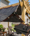 Fifty Percent Shade Cloth For Garden And Patio Sun Shade Netting UV Resistant Outdoor Tarp For Chicken Coops Greenhouses Plants Backyards And Pergolas Heavy Duty Grommeted Shade Netting Measuring 6x42 Feet shown on a pergola