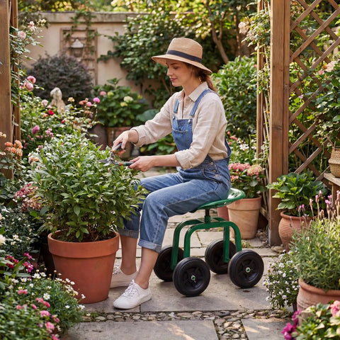 Woman gardening on All Terrain Garden Cart With Swivel Seat Rolling Work Stool For Yard And Lawn Adjustable 360 Degree Seat