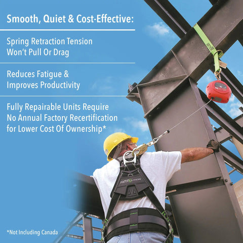Worker using Falcon 30-Foot Self Retracting Galvanized Wire Lifeline With Swivel Carabiner And Snap Hook Red MP30G-Z7/30FT