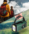 Hikers carrying a Hand Crank Emergency Radio With NOAA Weather Radio AM FM, 10000mAh Battery, USB C Fast Charge, rugged for camping.