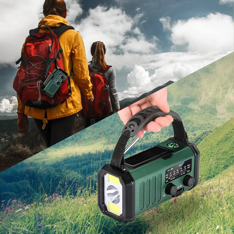 Hikers carrying a Hand Crank Emergency Radio With NOAA Weather Radio AM FM, 10000mAh Battery, USB C Fast Charge, rugged for camping.