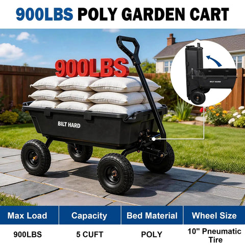 Heavy Duty Poly Garden Dump Cart With 900 Pound Capacity, 5 Cu Ft Bed, 10 Inch All Terrain Pneumatic Wheels showcased in garden