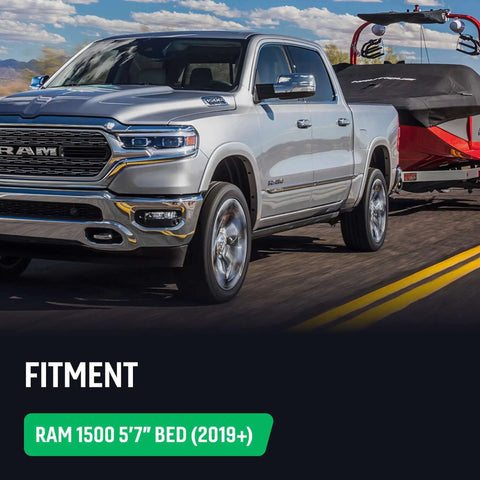 2019+ RAM 1500 showcased pulling trailer, promoting Passenger Side Rear Bedside MOLLE Panel Rack System for Ram 1500 Trucks