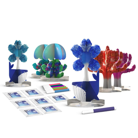 Deep Sea Crystal Grow Kit for Kids - 32-Piece STEM Chemistry Lab showing colorful crystals on sea creature models with accessories