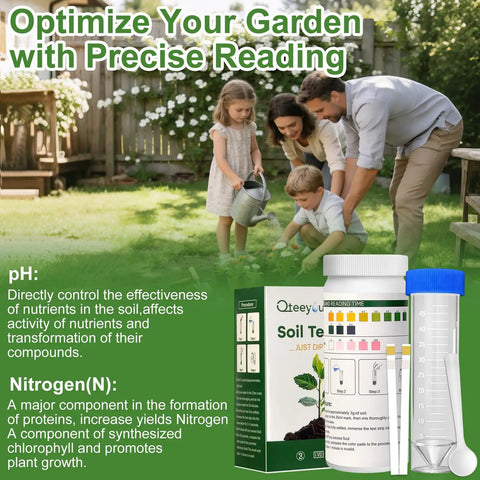 Family using 2-In-1 pH and Nitrogen Soil Test Kit With Strips For Lawn, Garden, boosting plant health, includes tube and manual.