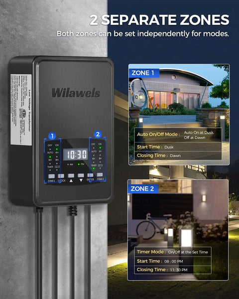 12 Pack Landscape Lights Kit With 300W Dual Zone Low Voltage Transformer showing two independent zone settings