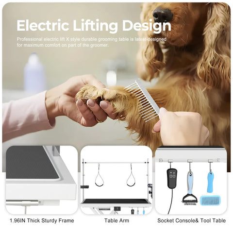 Heavy Duty Electric Dog Grooming Table With Smooth Operator Foot Pedal And Kickass Sturdy X Frame For Easy Height Adjustments And No Sweat Pet Styling In White, showcasing electric lifting design and grooming tools.