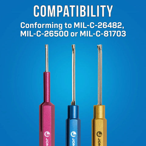 Three Piece Insertion Tool Kit With Leather Case For Amphenol Bendix Burndy Cannon Cinch Continental Elco Deutsch And More Durable Pro Grade Aluminum Housing And Stainless Steel Probe For Precise Easy Contacts showing compatibility details.