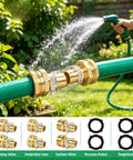 Awesome 5 Set Garden Hose Repair Kit With Heavy Duty Aluminum Fittings And Rust Proof Clamps For Quick Fix Of Leaky Water Hoses, Sprinklers And Outdoor Faucets To Keep Your Lawn Looking Gnarly All Season Long. brass hose repair connectors on green garden hose with clamps and washers