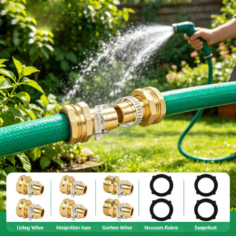 Awesome 5 Set Garden Hose Repair Kit With Heavy Duty Aluminum Fittings And Rust Proof Clamps For Quick Fix Of Leaky Water Hoses, Sprinklers And Outdoor Faucets To Keep Your Lawn Looking Gnarly All Season Long. brass hose repair connectors on green garden hose with clamps and washers
