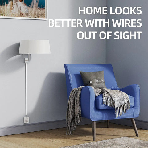Living room scene with 128 Inch Cord Hider For One Cord Self Adhesive Cable Wire Cover, lamp cable neatly concealed on wall.