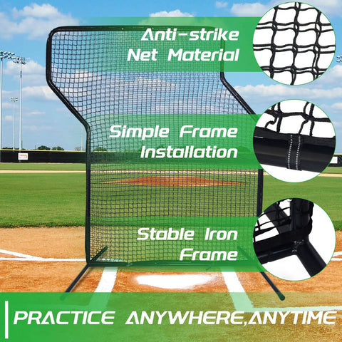 Z Screen Pitching Net 5x7 Ft Portable Baseball Backstop on field with iron frame and anti-strike nylon net material