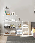 White Wire Cube Storage Organizer With 12 Metal Cubes Bookshelf And Closet Storage Unit in bedroom, shelves holding books and clothes