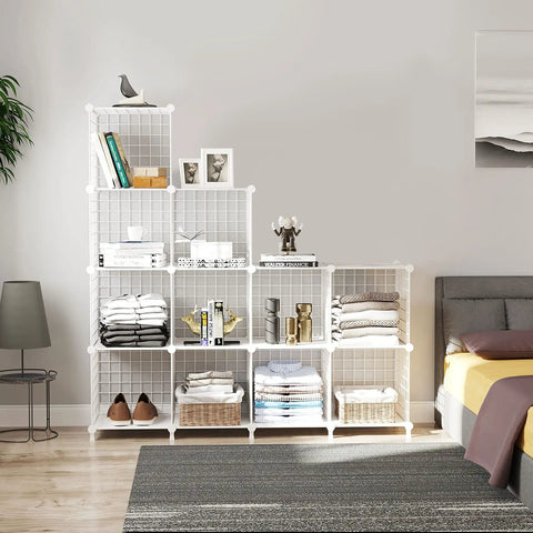White Wire Cube Storage Organizer With 12 Metal Cubes Bookshelf And Closet Storage Unit in bedroom, shelves holding books and clothes