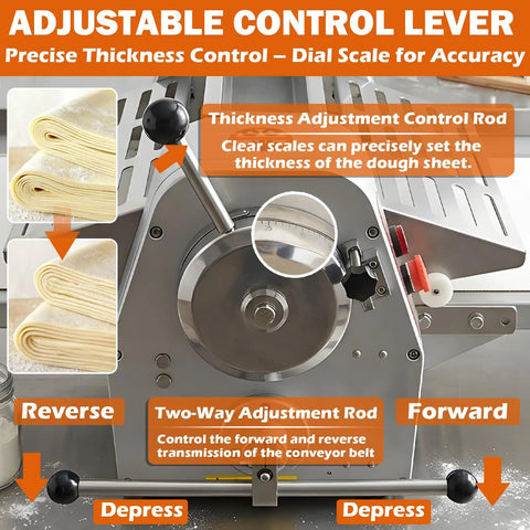 Techtongda Commercial Dough Sheeter Countertop Pizza Pasta Roller with adjustable control lever and thickness gauge for precision.