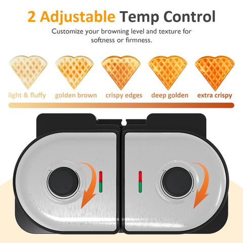 Dual Waffle Maker With Heart And Classic Plates, 2 Adjustable Temperature Knobs, Nonstick Surface, Easy Clean, Indicator Light