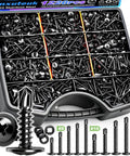 Built Tough Heavy Duty 410 Stainless Steel Self Drilling Screws With Black Truss Heads For Sheet Metal Wood And Plastic Projects, assorted sizes and organized kit.