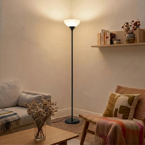 Sky Dome Dimmable LED Floor Lamp For Living Room, Bedroom Or Office In Jet Black Finish, Tall Torch Style by a cozy sofa