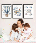Baby Boy Nursery Wall Art Set Of 3 Vintage Blue Travel Theme Prints For Kids Room 12x16 Inch Wood Framed Hot Air Balloon Plane Helicopter