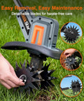 Powerful Cordless Tiller Cultivator for Gardening with detachable blades and 48 steel tines shown in use on grass