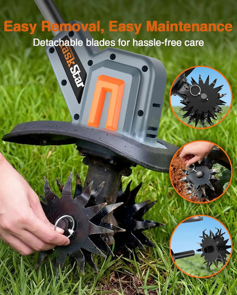 Powerful Cordless Tiller Cultivator for Gardening with detachable blades and 48 steel tines shown in use on grass