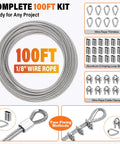 Straight Up Heavy Duty 1/8 Inch Stainless Steel Cable Kit Includes 100 Feet Wire Rope With Crimpers Knockout 7X7 Strand Build set with wire clamps.