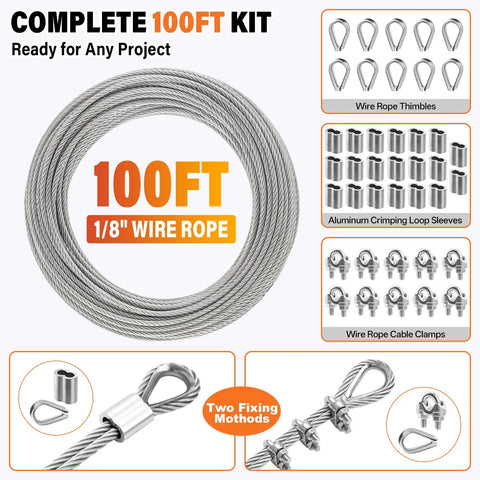 Straight Up Heavy Duty 1/8 Inch Stainless Steel Cable Kit Includes 100 Feet Wire Rope With Crimpers Knockout 7X7 Strand Build set with wire clamps.