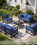 14 Piece Outdoor Patio Cushion Set For 6 Seat Wicker Sectional Sofa Deep 25x25 Inch Replacement Cushions in Navy Blue installed on patio.