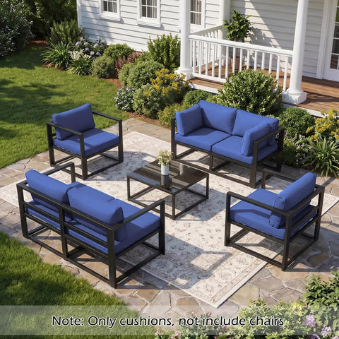 14 Piece Outdoor Patio Cushion Set For 6 Seat Wicker Sectional Sofa Deep 25x25 Inch Replacement Cushions in Navy Blue installed on patio.
