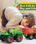 Child playing with Die Cast Metal Tractor Trucks With Trailer And Movable Parts, Realistic Details, Front Loader And Fodder Mixer Included.