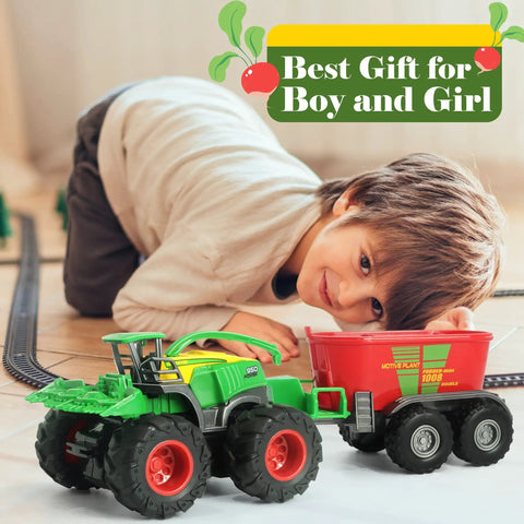 Child playing with Die Cast Metal Tractor Trucks With Trailer And Movable Parts, Realistic Details, Front Loader And Fodder Mixer Included.