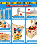 Wooden Toddler Tool Set For Tots 2 To 4, showing hammer, wrench, screwdriver in use for STEM learning construction toys.
