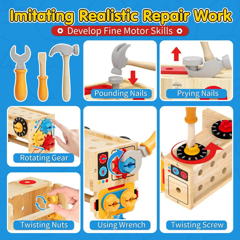 Wooden Toddler Tool Set For Tots 2 To 4, showing hammer, wrench, screwdriver in use for STEM learning construction toys.
