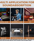 Multi-application of 24 Pack Black Pyramid Acoustic Foam Panels 12 X 12 X 2 Inches in various rooms for sound absorption.