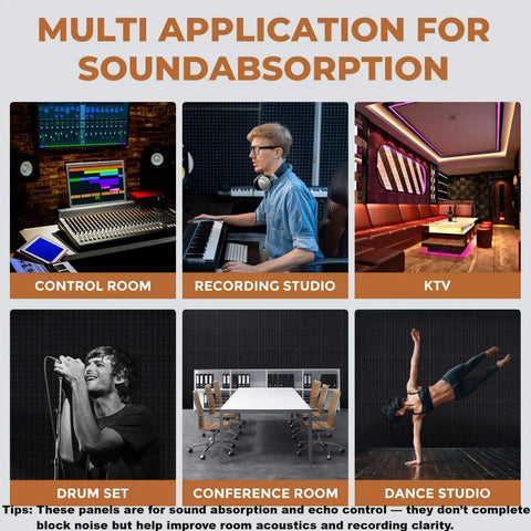 Multi-application of 24 Pack Black Pyramid Acoustic Foam Panels 12 X 12 X 2 Inches in various rooms for sound absorption.