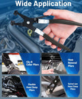 Close-up of 9 Piece Flexible Hose Clamp Pliers Set With 24 Inch Long Reach Swivel Jaw ClicR Type Pliers in use on engine