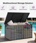Outdoor Deck Box 120 Gallon Waterproof Lockable Storage Container With Lid For Patio Cushions, Pool Accessories And Garden Tools Weatherproof Gray Resin Box With Galvanized Steel Reinforced Lid by a pool