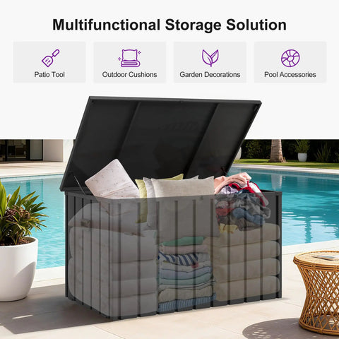 Outdoor Deck Box 120 Gallon Waterproof Lockable Storage Container With Lid For Patio Cushions, Pool Accessories And Garden Tools Weatherproof Gray Resin Box With Galvanized Steel Reinforced Lid by a pool