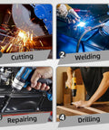 Image showcasing Heavy Duty Steel Welding Shop Beast Built Damn Tough To Crush Two Thousand Pounds 36 X 24 Inch Black Worktable with cutting, welding, repairing, and drilling tasks.