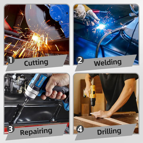 Image showcasing Heavy Duty Steel Welding Shop Beast Built Damn Tough To Crush Two Thousand Pounds 36 X 24 Inch Black Worktable with cutting, welding, repairing, and drilling tasks.